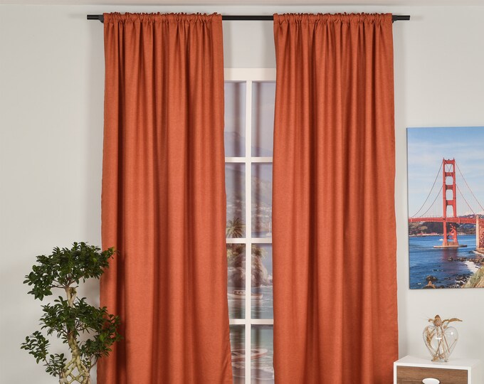 Orange Linen Look,Solid Color,Decorative,Window Curtain 2 panel sets,Custom size,Made to order,Window Treatment,Home Decor,Burnt Orange