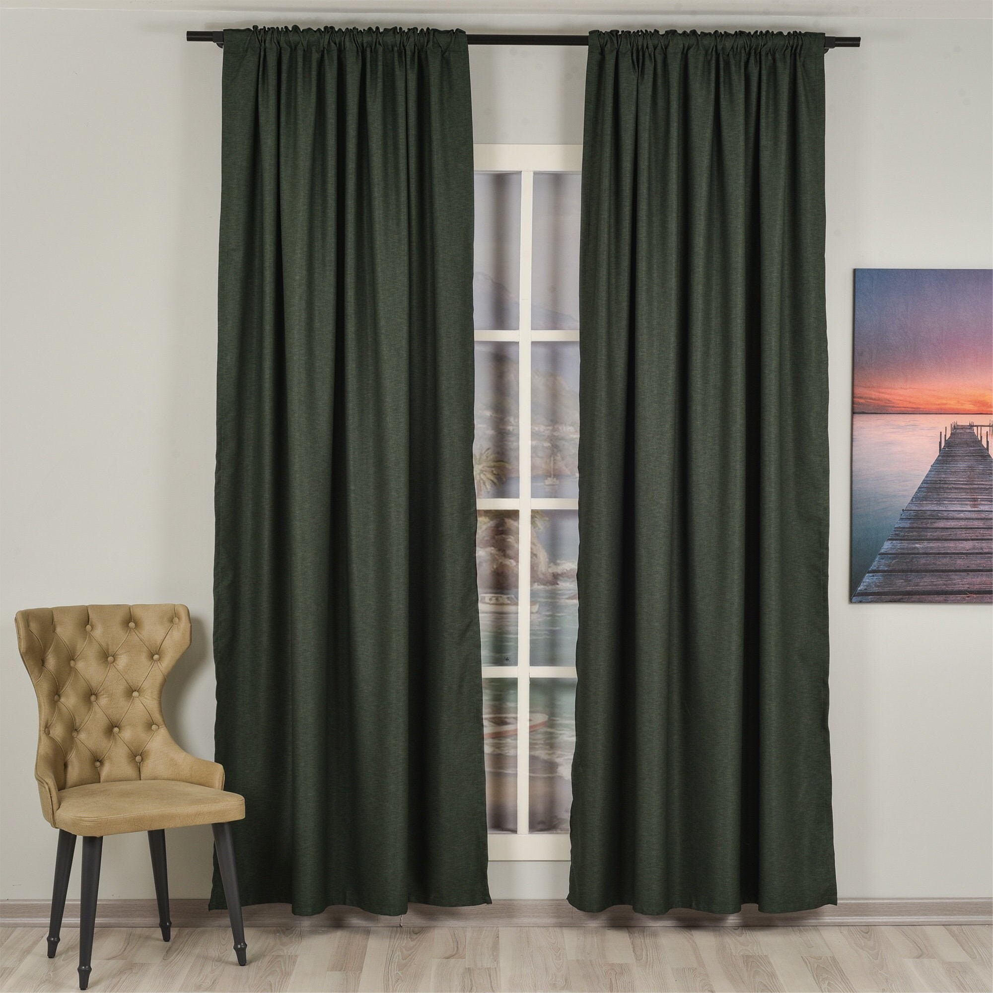 Dark Green Linen LookSolid ColorDecorativeWindow Curtain 2 Etsy