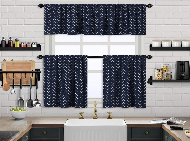 Navy Blue Boho Kitchen Curtain,African Mud,Window Valance,Blackout,Sheer,Decorative,Home Decor,Caffe Curtain,Custom Size,Made to order