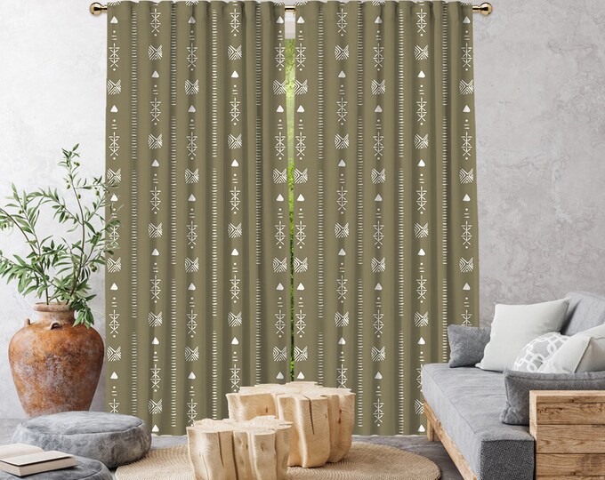 New Green Boho Curtain,African Mud,Window Treatments,Blackout,Sheer,Decorative,Home Decor,Living Room,Room,Custom Size,Made to order,Kids