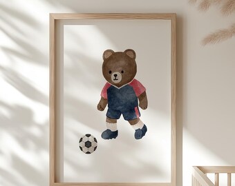 Soccer Teddy Bear Nursery Print: Sports Theme, Boys Room Decor (Digital Download)