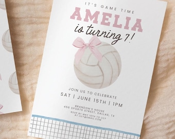 Pink Volleyball Birthday Invitation Editable Template, Coquette Bow Girl Sports Party Invite