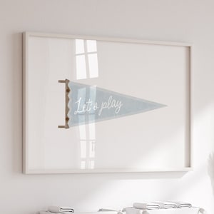 Blue Pennant flag Lets play digital prints, Vintage Horizontal Sports nursery wall decor, boys Playroom wall art, Kids Athlete wall decor