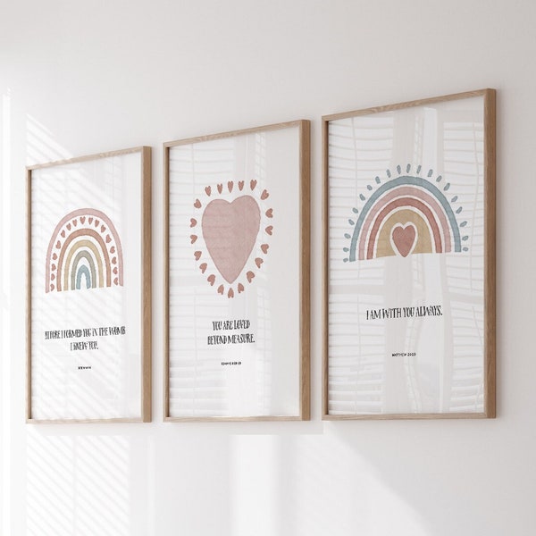Christian kids bible verse set of 3 prints, Boho baby girl Nursery room wall art, Rainbow Sun wall art, Church Sunday school wall decor
