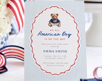 Alle amerikanischen Jungen-Babyparty-Teddybär-Einladung Fourth Of Jully Sommer-Vorlage Corjl