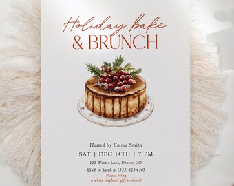 Op de afbeelding: Een witte uitnodigingskaart met de tekst "Holiday bake & BRUNCH" in rode letters. De kaart toont een aquarel illustratie van een taart met bessen. De uitnodiging bevat evenementdetails.