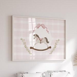 Pink rocking horse digital print, pink coquette wall art, Vintage Watercolor girls wall decor, Aesthetic Whimsical nursery wall decor