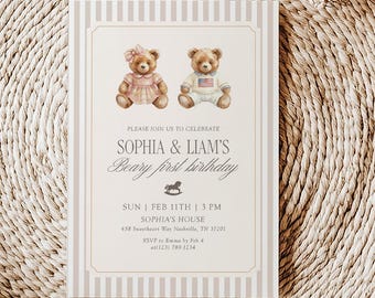 Beary First Teddy Bear Siblings Birthday Invite | Editable Template | Digital Download