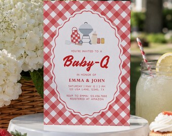 Baby Q BBQ-Babyparty-Einladung Roter Gingham-bearbeitbarer Corjl