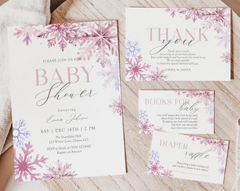 Könnte beinhalten: Babyparty-Papeterie-Set mit Schneeflocken-Design. Das Set enthält eine Einladung, eine Dankeskarte und Karten für Bücher und Windeln. Das Design zeigt rosa und blaue Schneeflocken auf weißem Hintergrund.