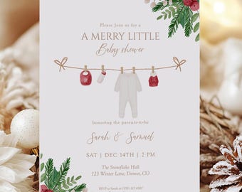 Gender Neutral Merry Little Baby Shower Invitation Editable Christmas Template with White Sleeper Clothesline