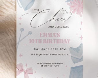 Let's Cheer Birthday Invitation Editable Template, Coquette Cheerleading 10th Birthday Invite Pink Blue