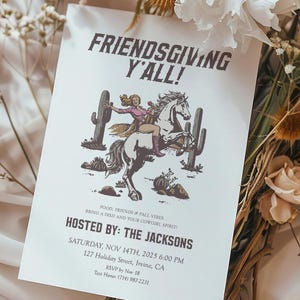 Friendsgiving Yall Western Cowgirl Thanksgiving Dinner Invite, Digital download, Editable template