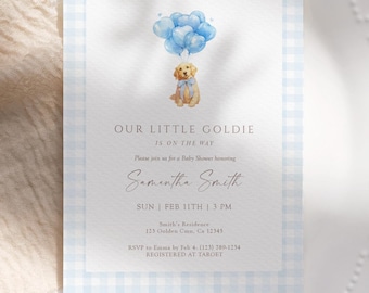Golden Retriever Baby Shower Invitation Blue Gingham Balloon Classic Boy Template