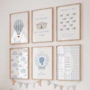 Blue Nursery Gallery decor, Whimsical Christian religious baby boy room decor, Aesthetic vintage Grandmillennial Gingham pattern decor