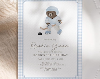 Blue Hockey Teddy Bear Rookie Birthday Invitation Digital Or Printed