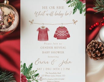 He or She Christmas Gender Reveal Baby Shower Invitation Editable Template with Sweater Clothesline