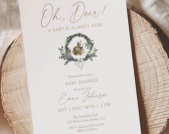 Woodland Winter Baby Shower Invitation: Watercolor Deer (Digital Download)