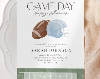 Game Day Football Baby Shower Invitation Blue Helmet MVP Editable Template
