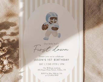 Light Blue Football Teddy Bear 1st Birthday Invitation, First Down Party, Printed or Digital