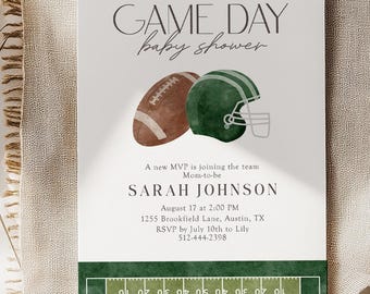 Green Football Game Day Baby Shower Invitation Editable Corjl Template Fall Sports Party