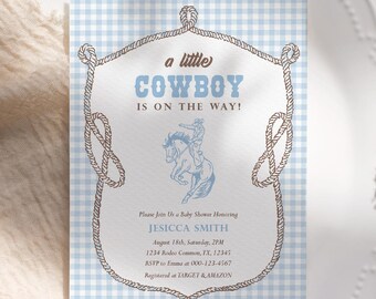 Blå gingham western liten cowboy rodeo baby shower inbjudningskort