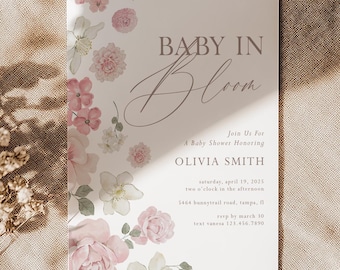Baby in Bloom Baby Shower Invitation, Pink Floral Girl Spring Editable Template