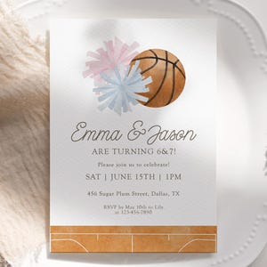 Cheer & Basketball Joint Birthday Invitation, Twins or Siblings Sports Party Invite, Editable Template