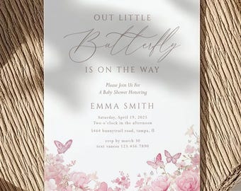 Butterfly Baby Shower Invitation, Pink Floral Girl Our Little Butterfly Editable Template