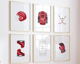 Decoración infantil de hockey sobre hielo rojo: Arte mural deportivo personalizado (impresión digital)