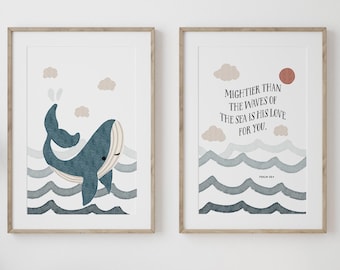 Nautical Whale Psalm Verse Nursery Wall Art Set Christian Baby Sunday School Print