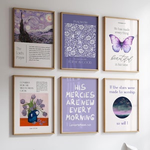 Purple Aesthetic Christian Printable bible verse set of 6, Modern Christian religious room decor, Trendy contemporary art, Feminine wall art