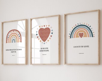 Boho afdrukken christelijke kinderkamer: Rainbow Sun bijbelvers kunst (set van 3) (digitale download)