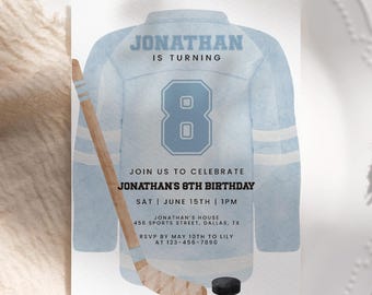 Blue Hockey Jersey Birthday Invitation Template for Boys, Watercolor Sports Editable Party Invite