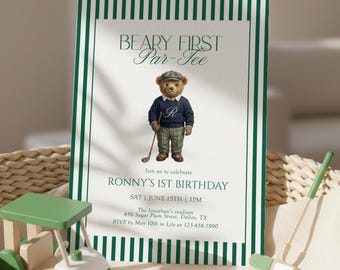 Preppy Green Golf 1st Birthday Invitation Teddy Bear First Par Tee Printed or Digital