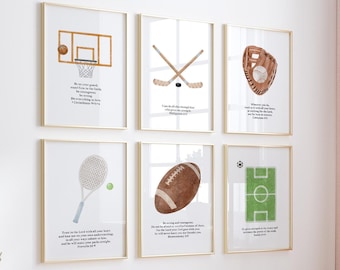 May include: Set of six framed prints featuring watercolour illustrations of sports equipment and inspirational quotes. The prints are in white frames and feature a white background. The prints are arranged in a grid pattern on a white wall.