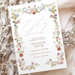 Invitación a brunch de Pascua, comida compartida de iglesia cristiana, plantilla editable con diseño floral primaveral.