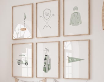 Sage green Golf nursery decor, Grandmillenial vintage watercolor Sports nursery wall decor, Monogram Playroom custom name wall decor