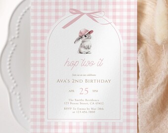 Bunny 2nd Birthday Invitation, Pink Gingham Bow Girl Hop Two It Editable Template