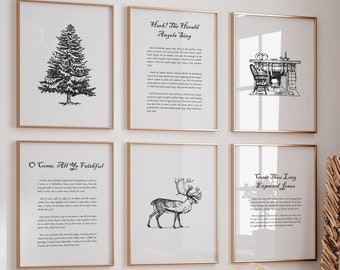 Neutral Christmas Wall Art Printable Set of 6 Vintage Hymn Prints Black and White