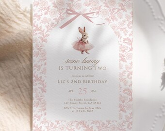 Pink Some Bunny Is Turning Two Invitation, Tutu Bunny Coquette Baby Girl 2nd Birthday