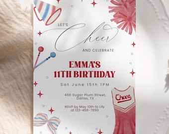 Cheerleading Birthday Invitation Editable Template, Girls 10th Birthday Cheer Party Invite