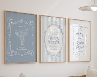 Blue Coquette Bible Verse Wall Art Set: Christian Room Decor (Digital Download)