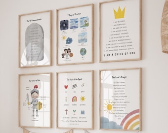 Set of 6 Kids Bible verse prints, I am a child of God, The fruit of the spirit, The armor of God, Bible Creation, Church Sunday school