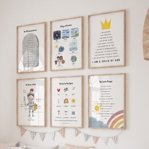 Set of 6 Kids Bible verse prints, I am a child of God, The fruit of the spirit, The armor of God, Bible Creation, Church Sunday school