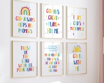 May include: A set of six colorful framed prints with inspirational quotes about faith and trust. The prints feature a rainbow, waves, a sun, and other colorful designs.
