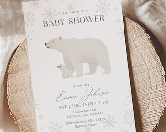 Winter Polar Bear Baby Shower Invitation: Neutral Holiday Template (Instant Download)