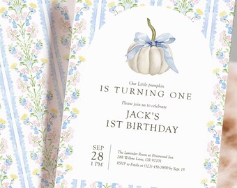 Blue Pumpkin Invitation Grandmillennial Floral Girl 1st Birthday Fall Coquette Editable Corjl Template