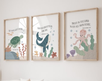 Set of 3 Christian nursery wall art, Ocean animal theme Bible verse wall art, Scripture wall art ,Nursery prints, Christian nursery decor