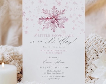 Roze sneeuwvlok babyshower uitnodiging Winter Wonderland babymeisje bewerkbare sjabloon